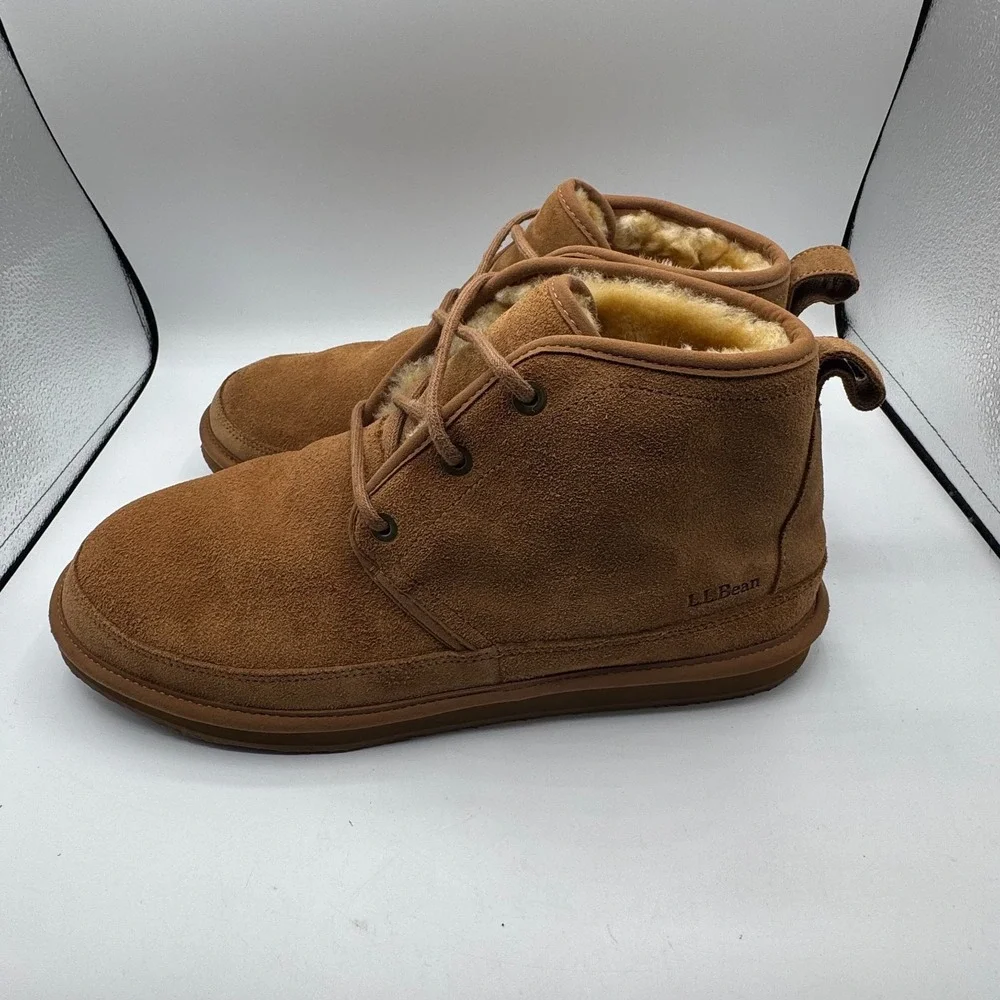 LL Bean Shearling Slippers Men 12 Brown Suede Moccasin Booties 515971